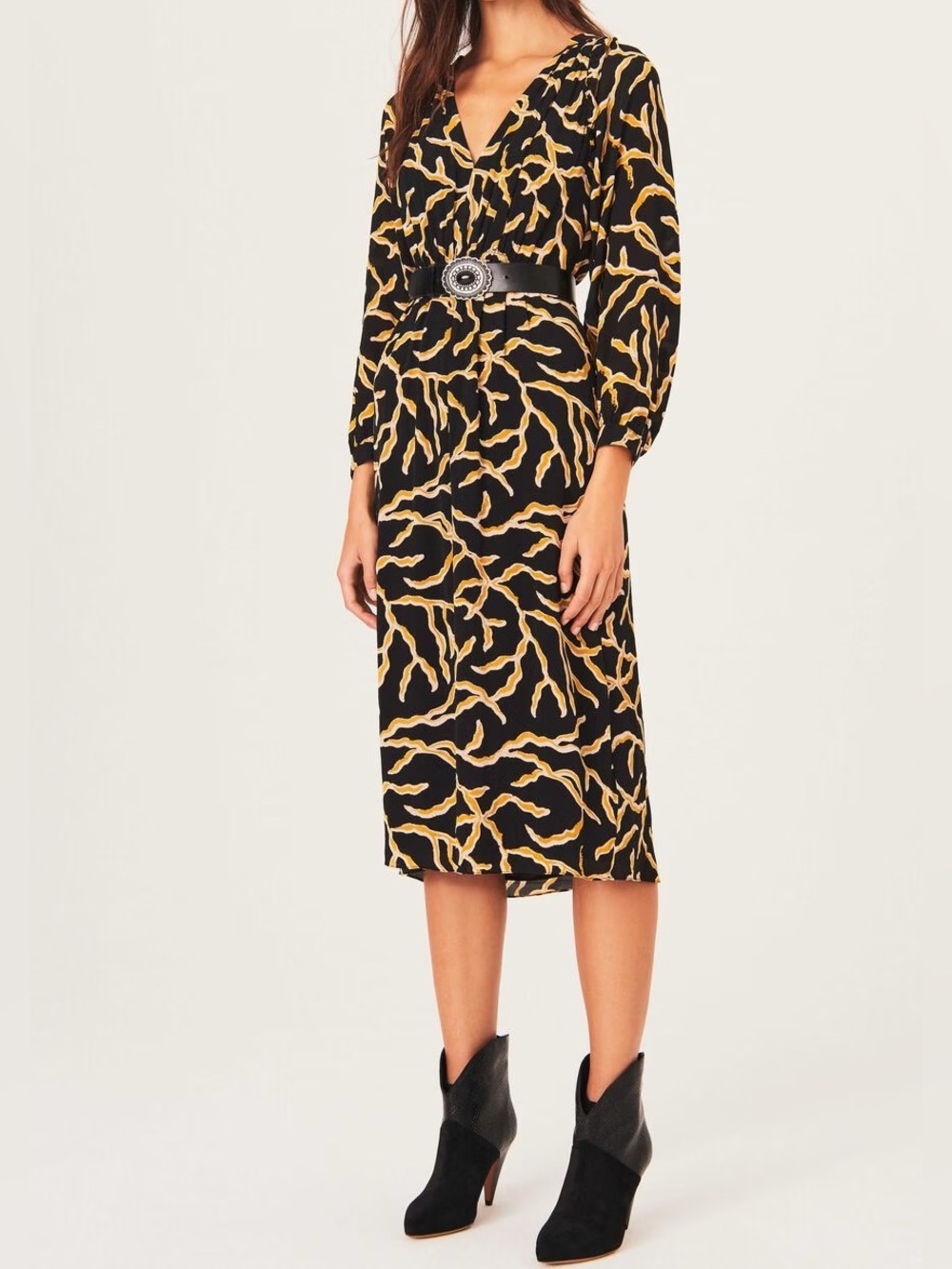 ba&sh Cand Printed Midi Dress in Noir Black Yellow Size US 8 /L